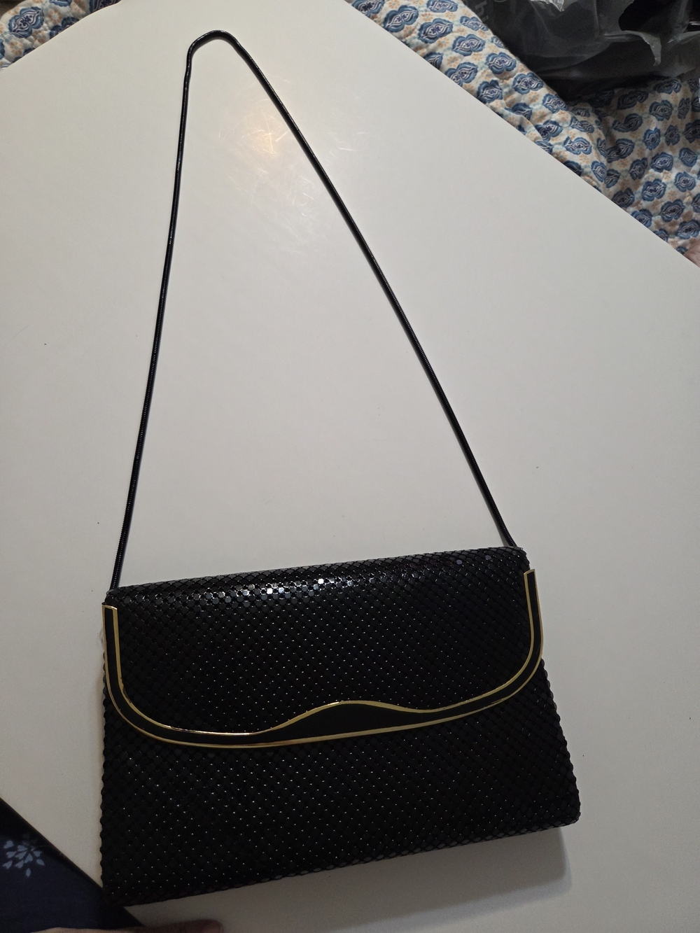 Black Sequin Evening Shoulder Bag with Gold Trim